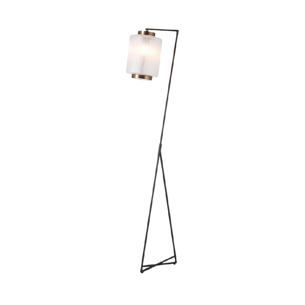 **Technische titel in het Nederlands: Moderne vloerlamp met metalen frame en glazen kap**